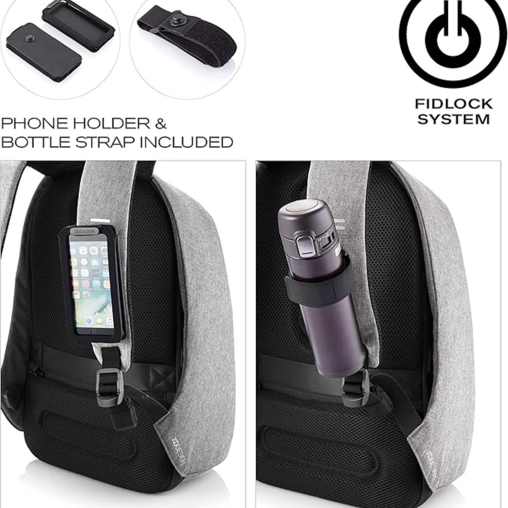 XD Design Bobby Pro Anti-Theft Backpack with phone holder and bottle strap, featuring Fidlock system.