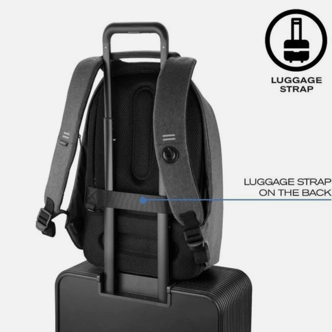 XD Design Bobby Tech Anti-Theft Backpack featuring a luggage strap for easy travel convenience.