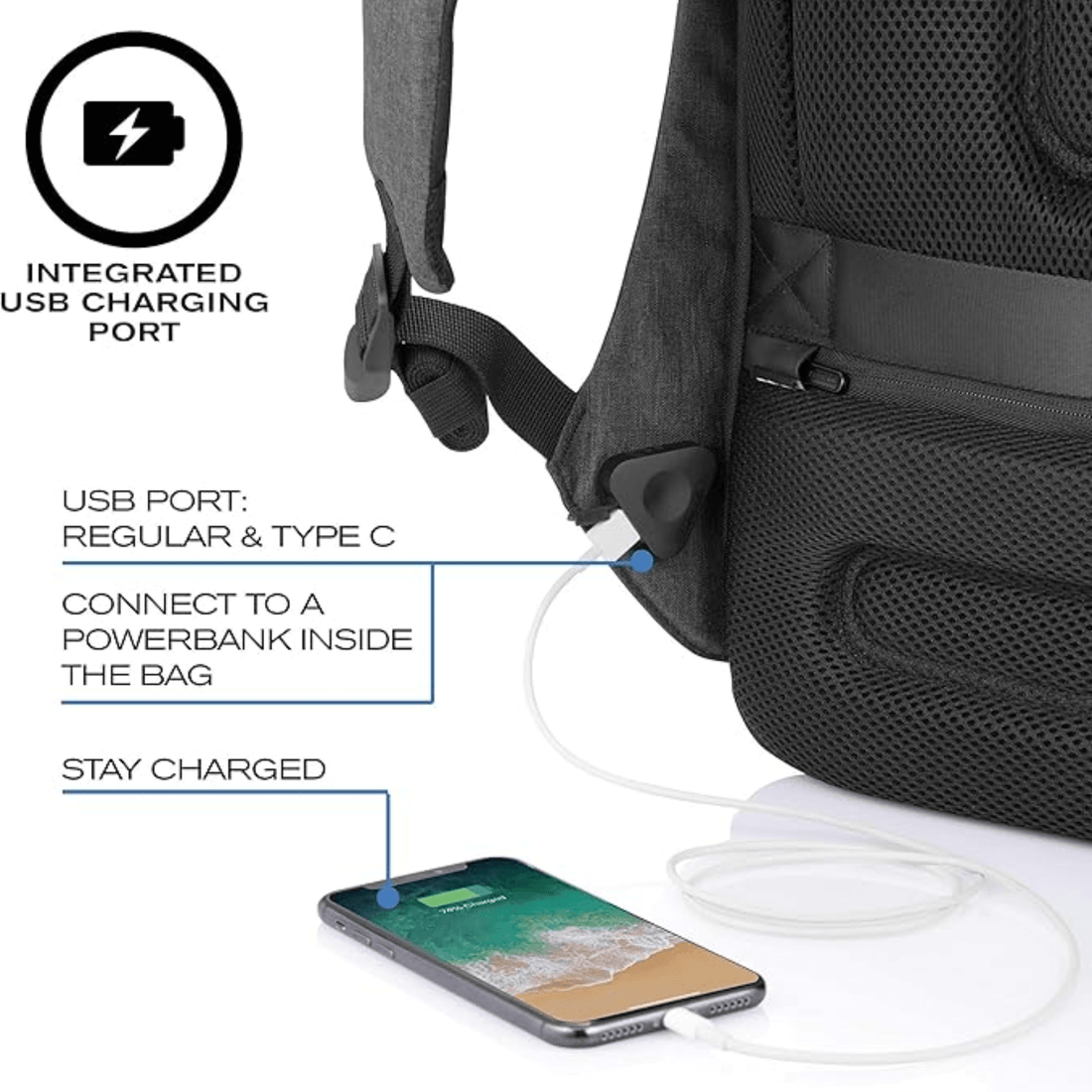 Close-up of XD Design Bobby Tech Anti-Theft Backpack showing integrated USB charging port for on-the-go charging.