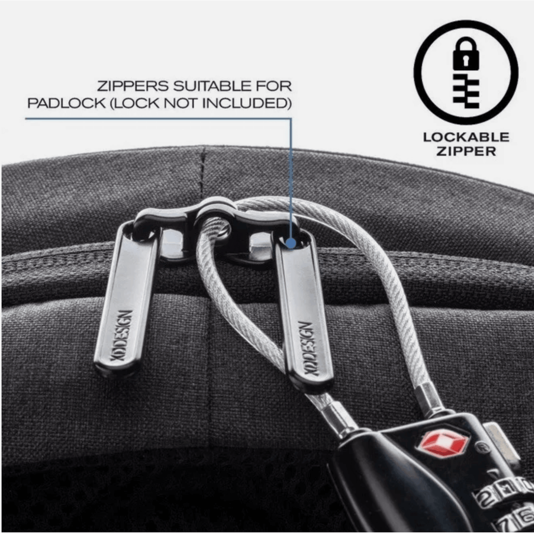 Close-up of lockable zippers on XD Design Bobby Tech Anti-Theft Backpack, suitable for padlocks.