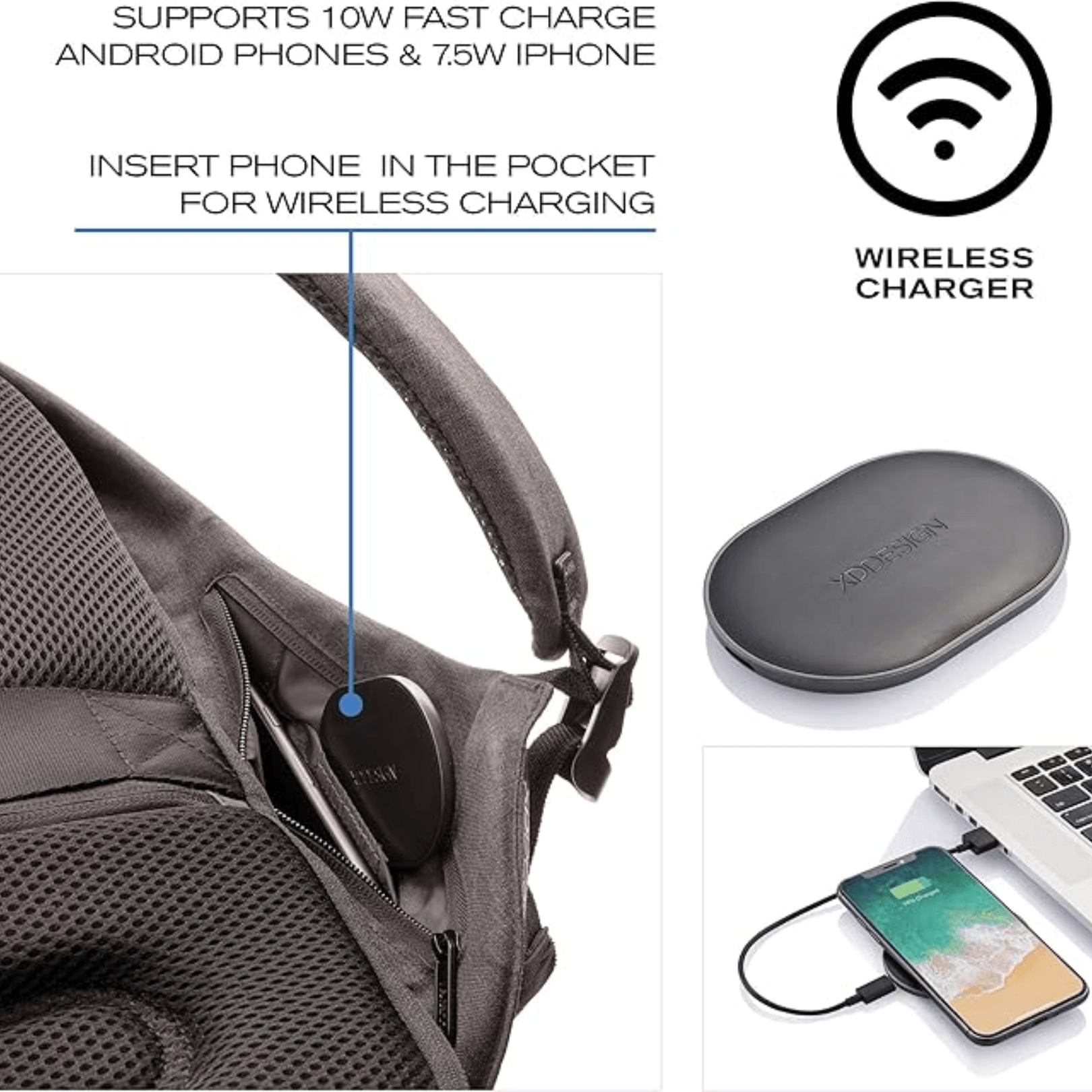 XD Design Bobby Tech Backpack showing fast wireless charging pocket for Android and iPhone smartphones.