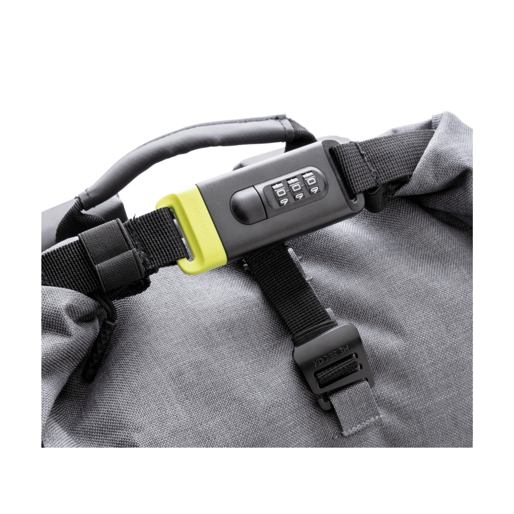 Close-up of the secure combination lock buckle on the XD Design Bobby Urban Lite Anti-Theft Laptop Backpack.