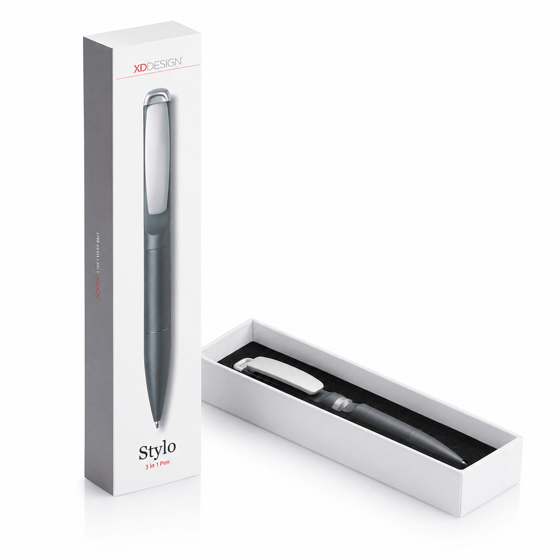 XD Design Stylo 3 in 1 Pen packaging displayed with the pen in a black and white box.