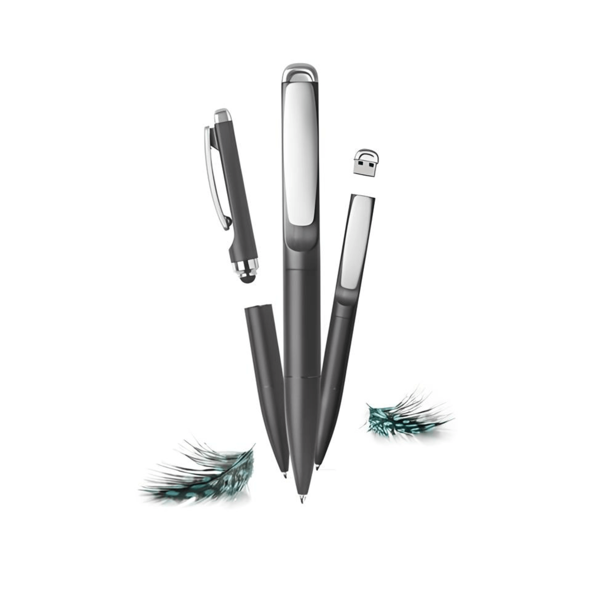 XD Design Stylo 3 in 1 Pen in black showing ballpoint, stylus, and USB flash drive features.