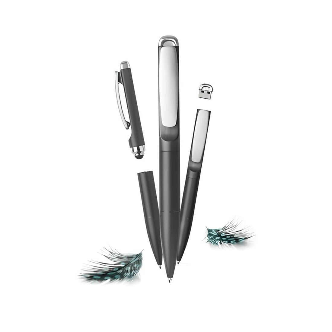 XD Design Stylo 3 in 1 Pen in black showing ballpoint, stylus, and USB flash drive features.