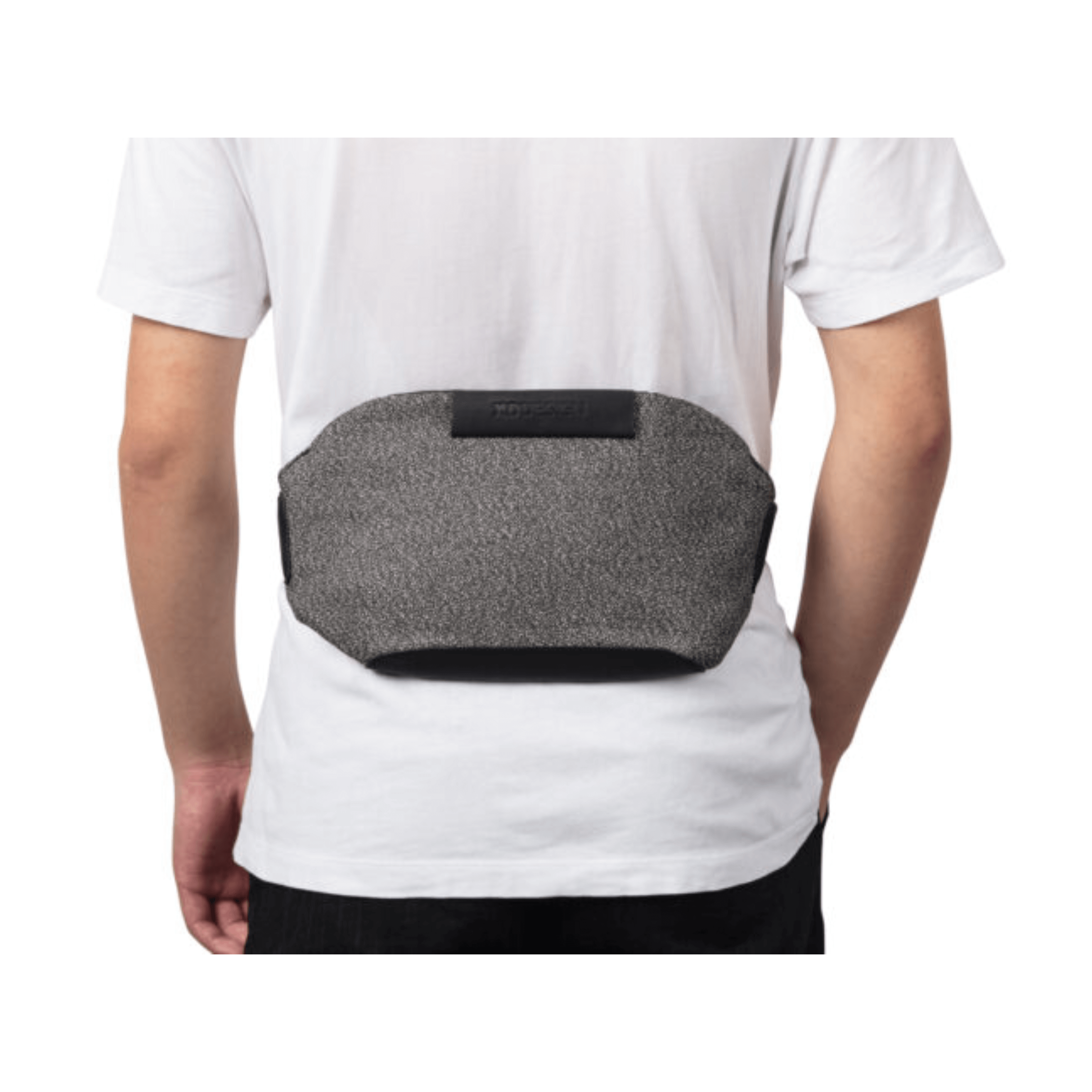 Urban Anti-Theft Bumbag in grey worn on the back of a person, showcasing its sleek, secure design.