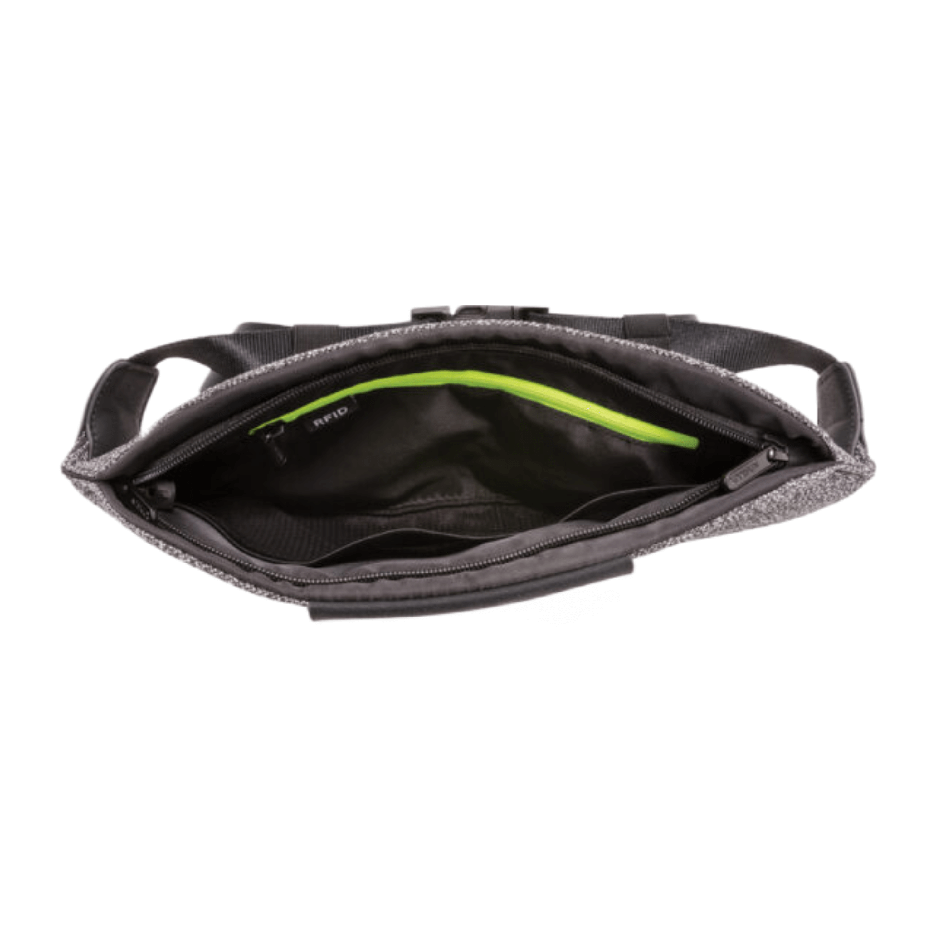 Inside view of the XD Design Urban Bumbag showing spacious interior and green accent pocket.