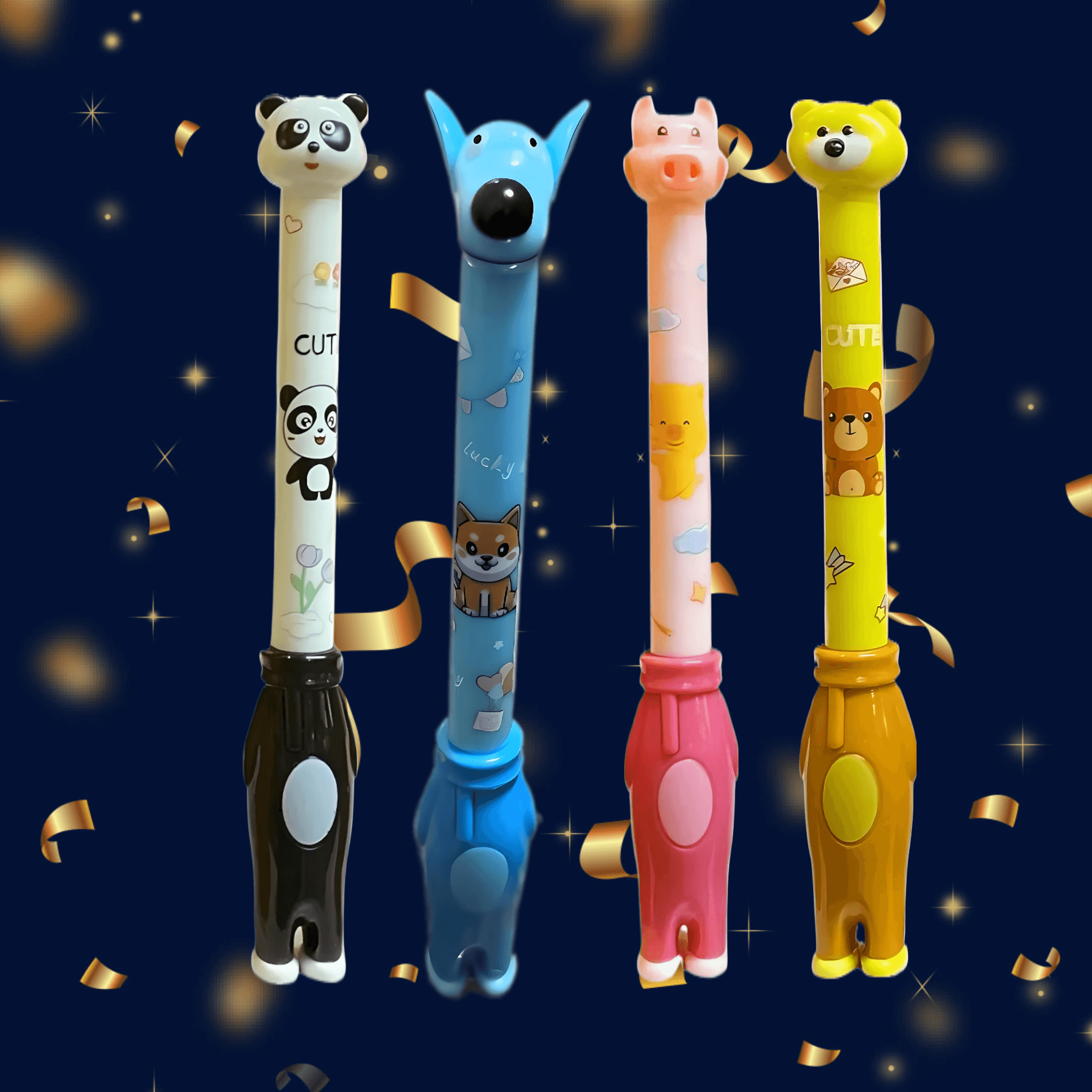 Cute gel ink pens featuring a panda, blue puppy, pig, and bear, perfect for collectors and adding charm to your writing.